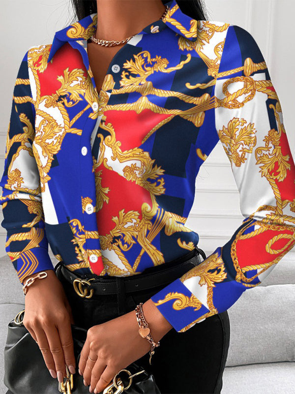 Capri Women's Fashion Printed Long Sleeve Lapel Shirt