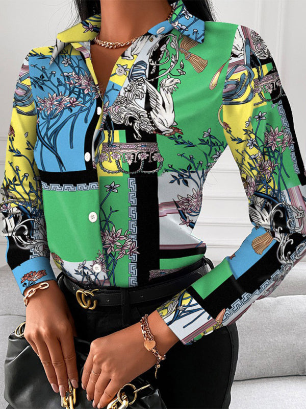 Capri Women's Fashion Printed Long Sleeve Lapel Shirt