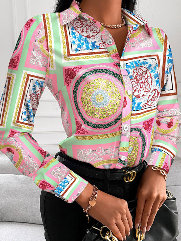 Capri Women's Fashion Printed Long Sleeve Lapel Shirt