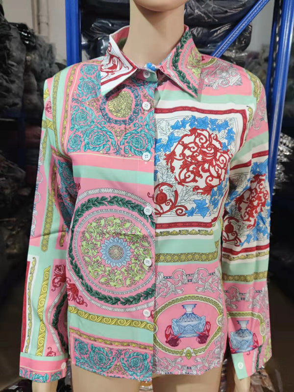 Capri Women's Fashion Printed Long Sleeve Lapel Shirt