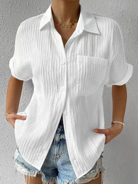 Carmina Solid Color Comfortable Casual Sweet Lapel Pocket Cardigan Short Sleeve Shirt