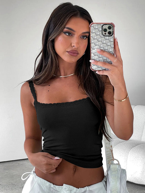 Linnea Sexy Versatile Slim Short Lace Stitching Pure Color Tank