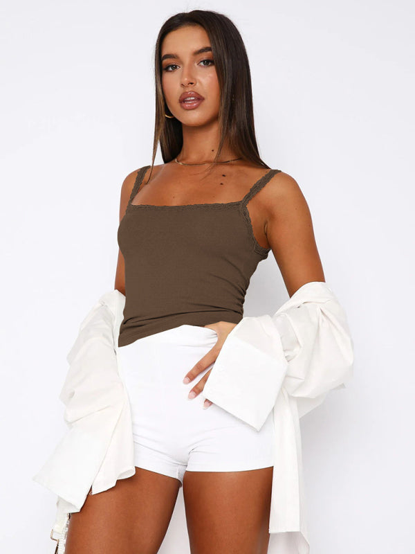 Linnea Sexy Versatile Slim Short Lace Stitching Pure Color Tank