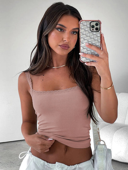 Linnea Sexy Versatile Slim Short Lace Stitching Pure Color Tank