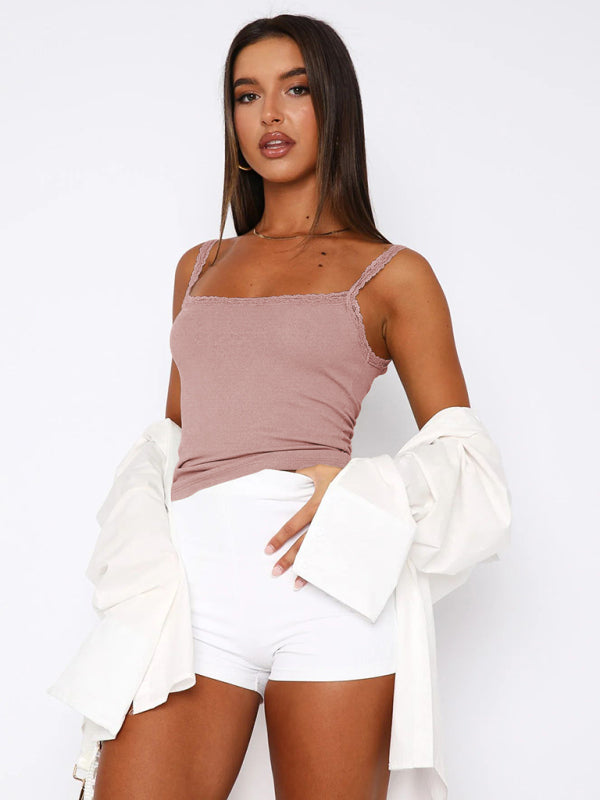 Linnea Sexy Versatile Slim Short Lace Stitching Pure Color Tank