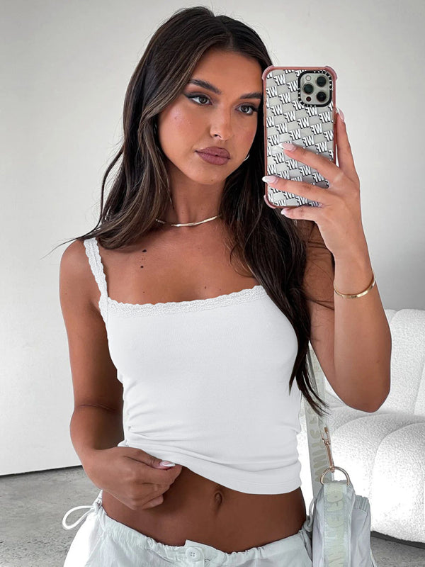 Linnea Sexy Versatile Slim Short Lace Stitching Pure Color Tank