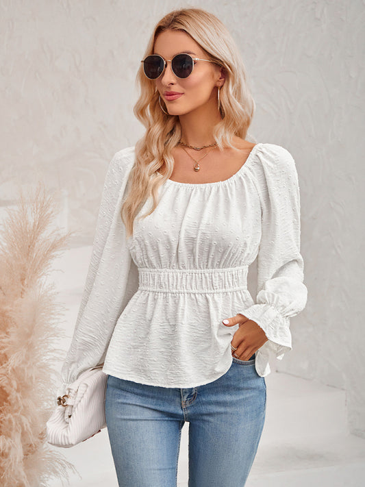 Celestine Women's Round Neck Waist Solid Color Lotus Leaf Sleeve Top