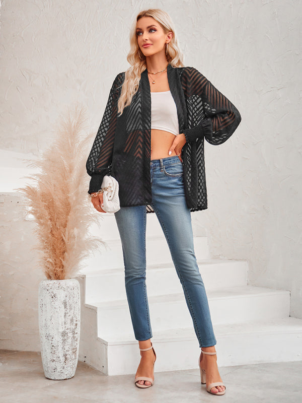 Tania Women's Casual Solid Color Loose Jacquard Cardigan Top