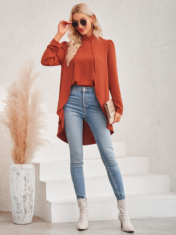 Catalina Women's Casual Solid Color Half Turtleneck Long Sleeves Fake Two Piece Shirt