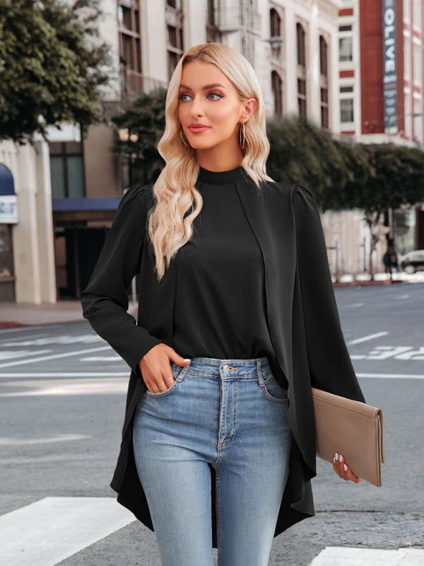 Catalina Women's Casual Solid Color Half Turtleneck Long Sleeves Fake Two Piece Shirt