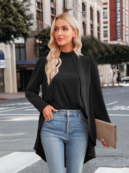 Catalina Women's Casual Solid Color Half Turtleneck Long Sleeves Fake Two Piece Shirt