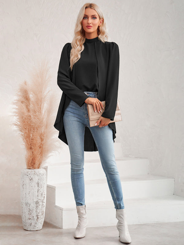 Catalina Women's Casual Solid Color Half Turtleneck Long Sleeves Fake Two Piece Shirt