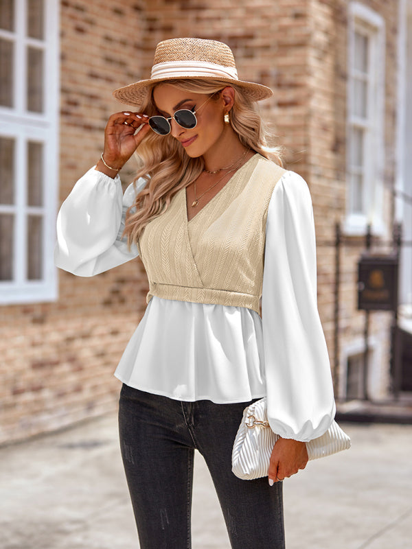 Dariela New Women's Casual Solid Color V-Neck Stitching Long-Sleeved Top
