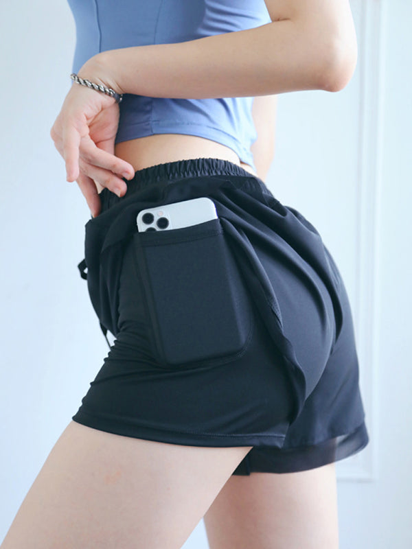 Aubriella New Fake Two Piece Gym Shorts Women High Waist Elastic Tight Sports Yoga Pants