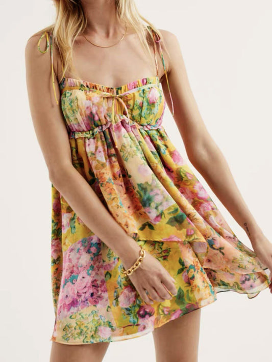 Averi Lace-up French Niche Color-block Floral Sling Dress with Wooden Ears