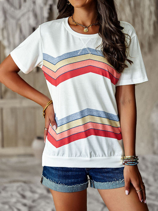Joanna New Round Neck T-Shirt Rainbow Strip Top