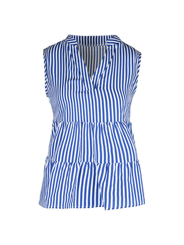 Leilany Summer New Fashion Tops Sleeveless V-Neck Striped Shirt