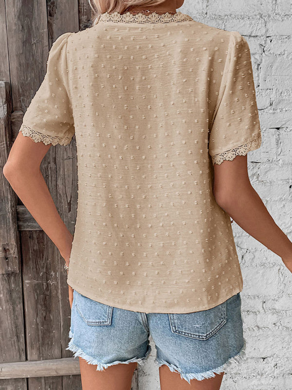 Cesca V-Neck Neckline Lace Panel Elegant Blouse