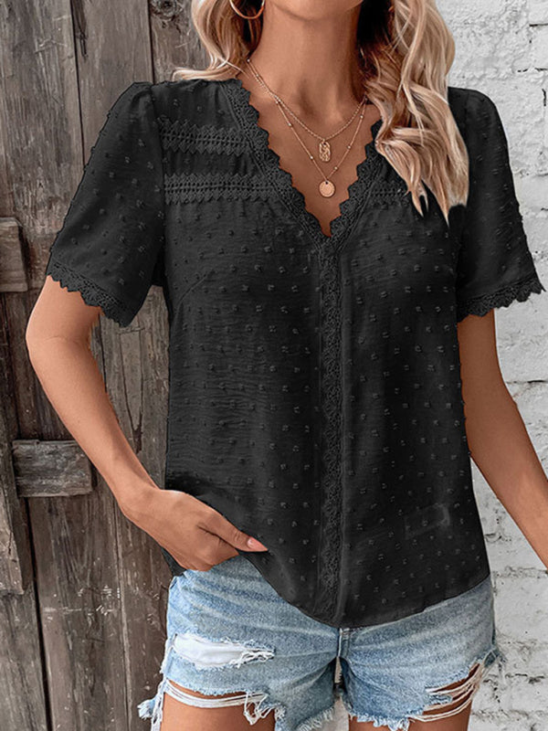 Cesca V-Neck Neckline Lace Panel Elegant Blouse