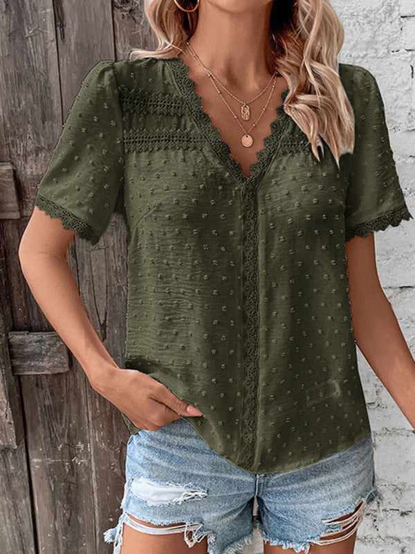 Cesca V-Neck Neckline Lace Panel Elegant Blouse