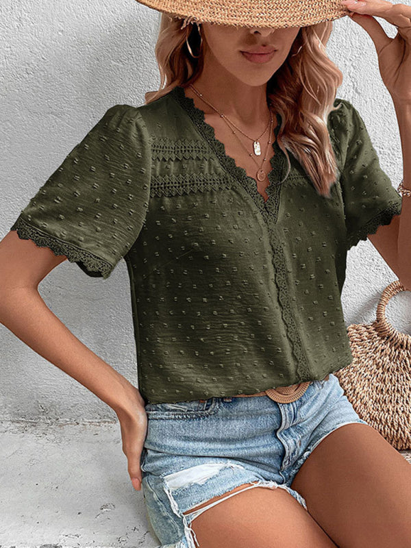 Cesca V-Neck Neckline Lace Panel Elegant Blouse