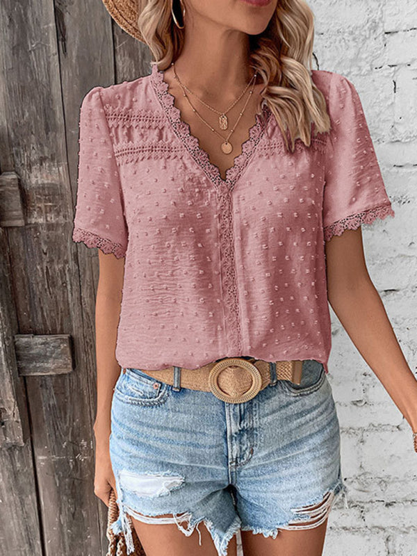 Cesca V-Neck Neckline Lace Panel Elegant Blouse