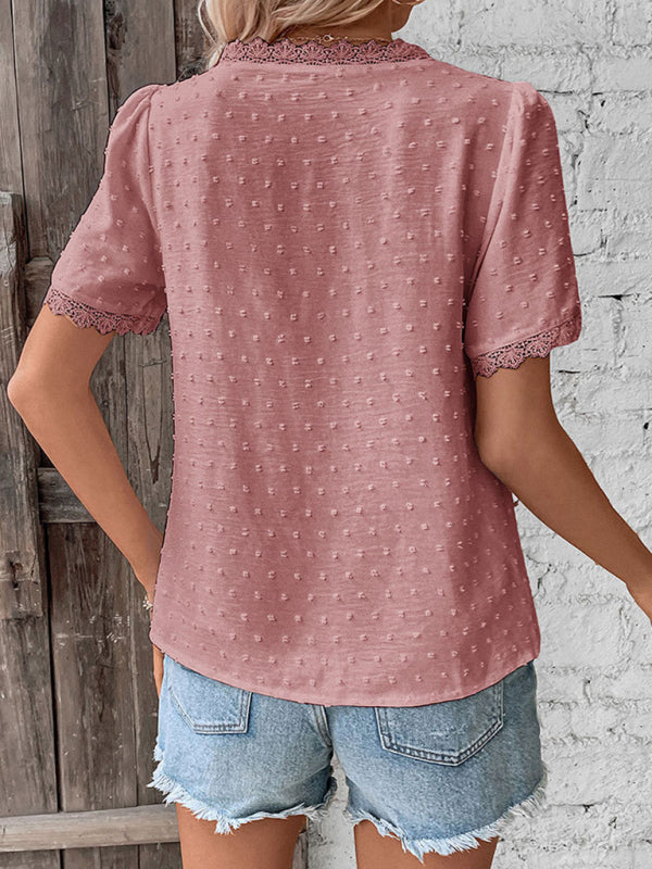 Cesca V-Neck Neckline Lace Panel Elegant Blouse