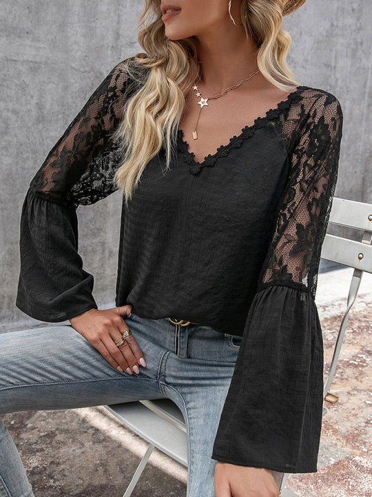 Halcyon Women's Solid Color Splicing Lace Hollow V-Neck Long-Sleeved Top