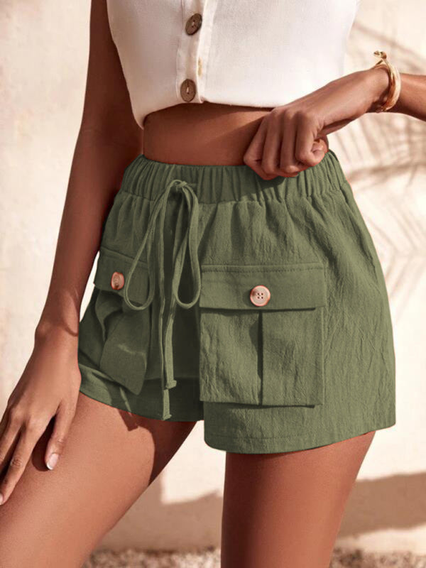 Alina Cargo Shorts Pocket Loose Mid Rise Drawstring Straight Leg Pants