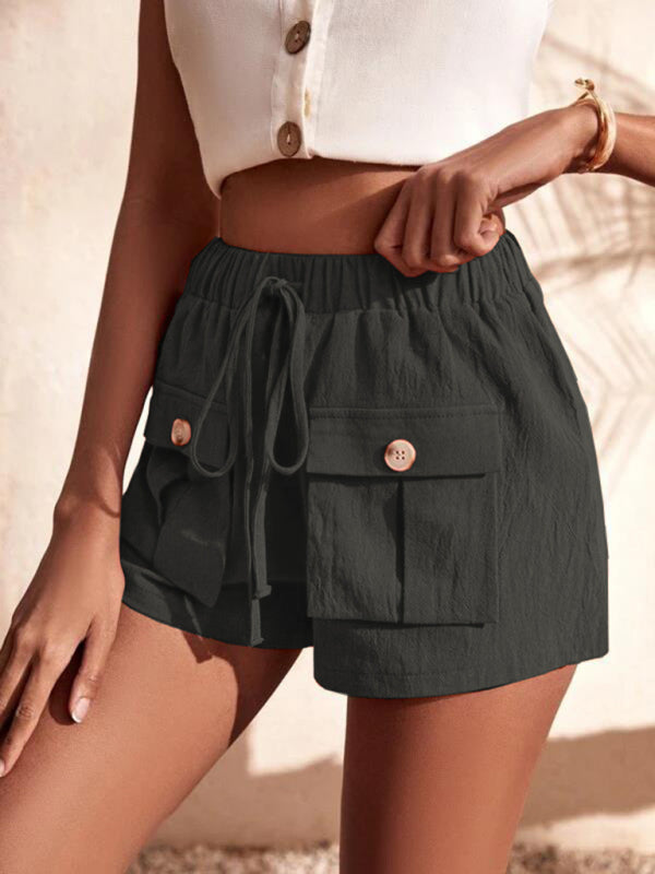 Alina Cargo Shorts Pocket Loose Mid Rise Drawstring Straight Leg Pants