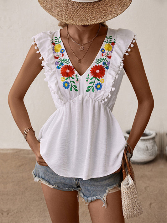 Giada Women's Sleeveless Embroidered White Shirt