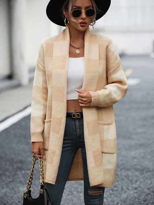 Angelique Women's Coat Loose Plaid Color Block Knit Cardigan Fashion Sweater