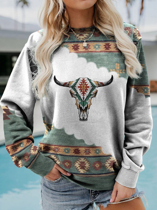 Raegen Long Sleeve Crewneck Western Print Sweatshirt
