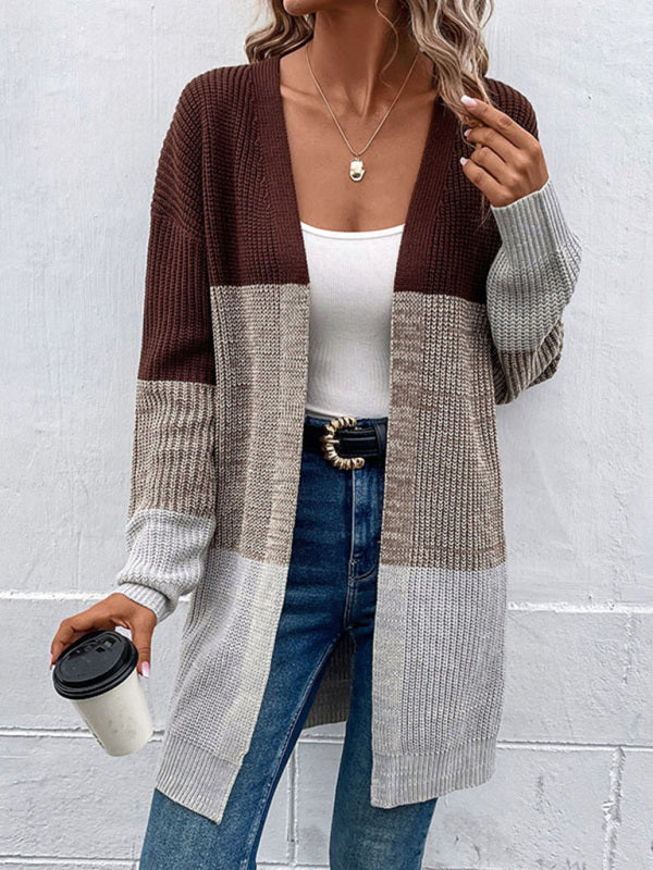 Belinda Fashion Women's Autumn And Winter New Long-Sleeved Color-Blocking Long Sweater Cardigan