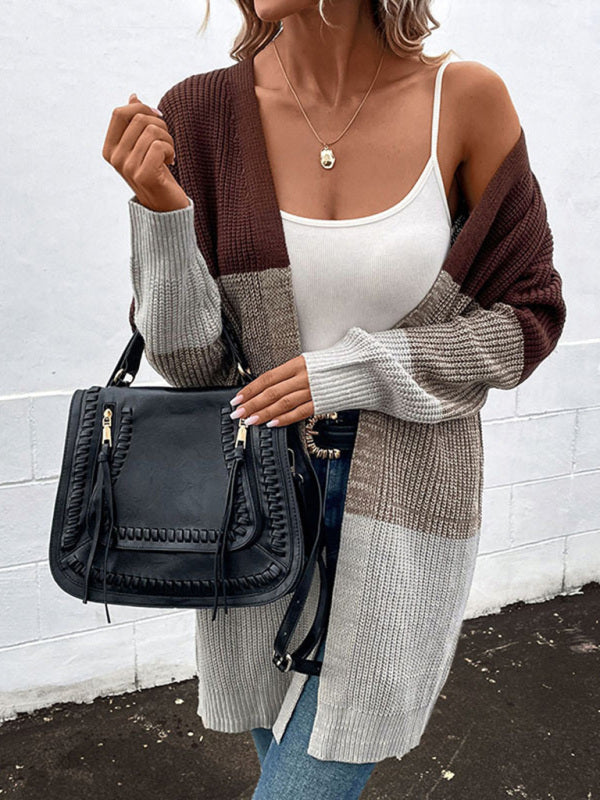 Belinda Fashion Women's Autumn And Winter New Long-Sleeved Color-Blocking Long Sweater Cardigan