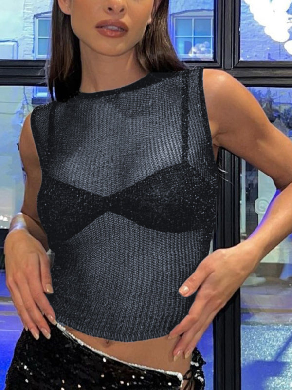 Kenna Fashion Round Neck Shiny Skinny Sexy Glitter Tank Top