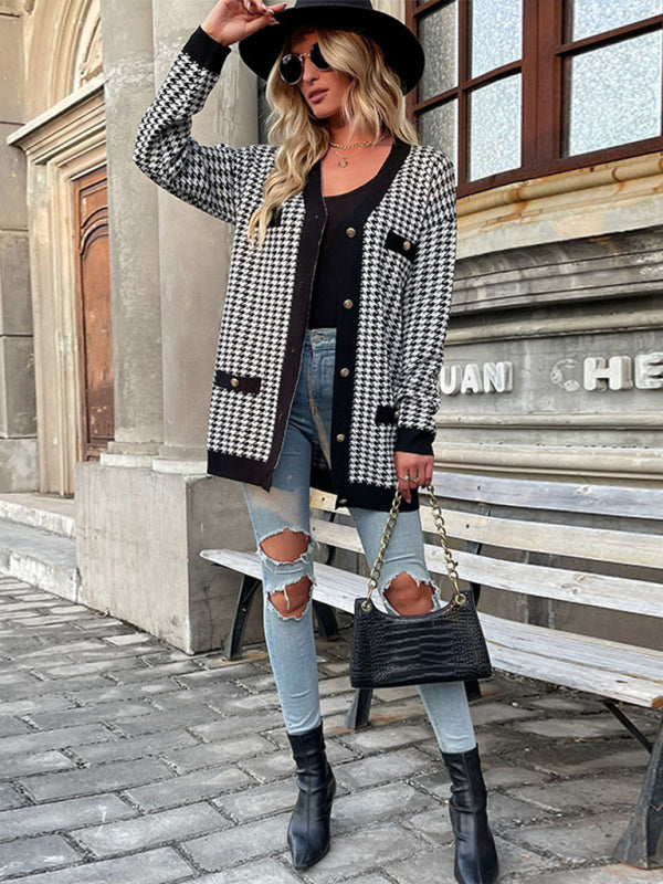 Christie Women's Fashion Coat Long Sleeve Houndstooth Sweater Cardigan Mid Length