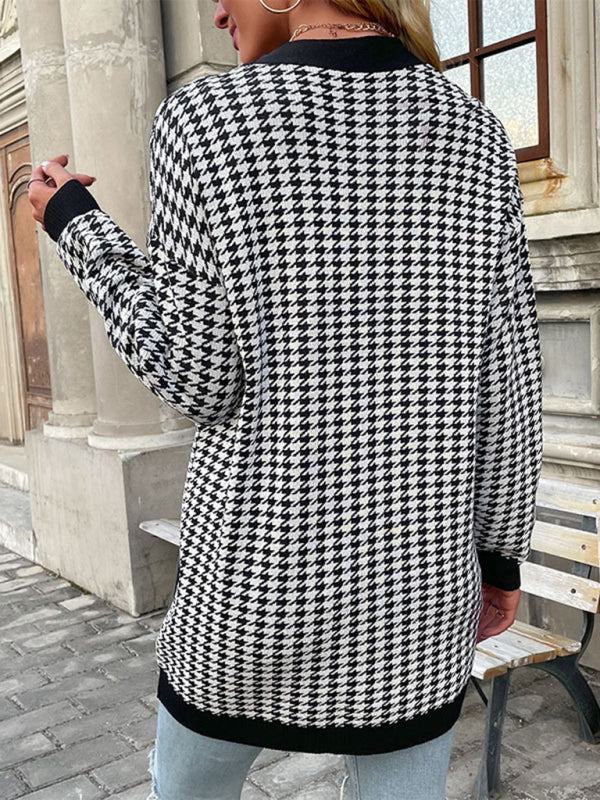 Christie Women's Fashion Coat Long Sleeve Houndstooth Sweater Cardigan Mid Length