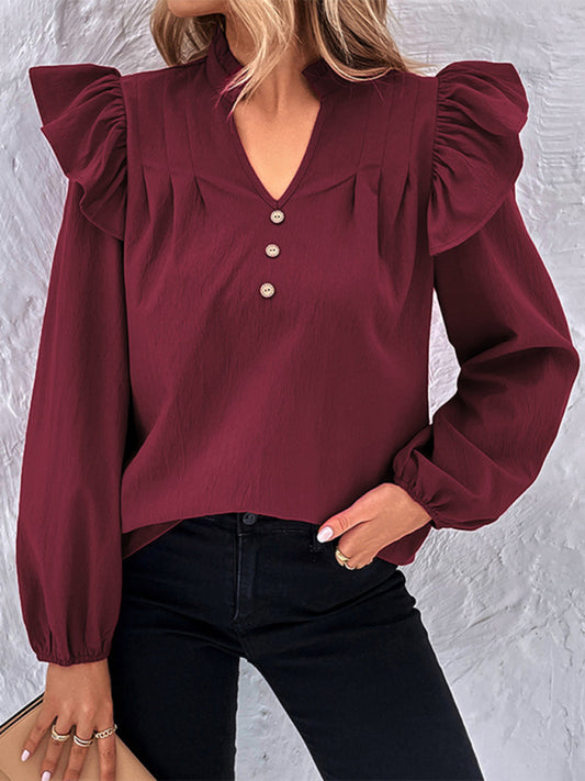 Lisandra Women's New Red V-Neck Long Sleeve Solid Color Shirt Top