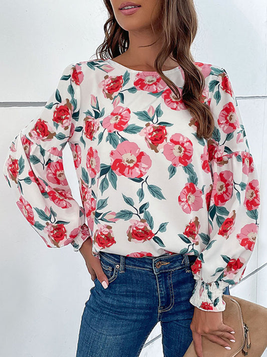 Liora Women's New Round Neck Long Sleeve Floral Shirt Top