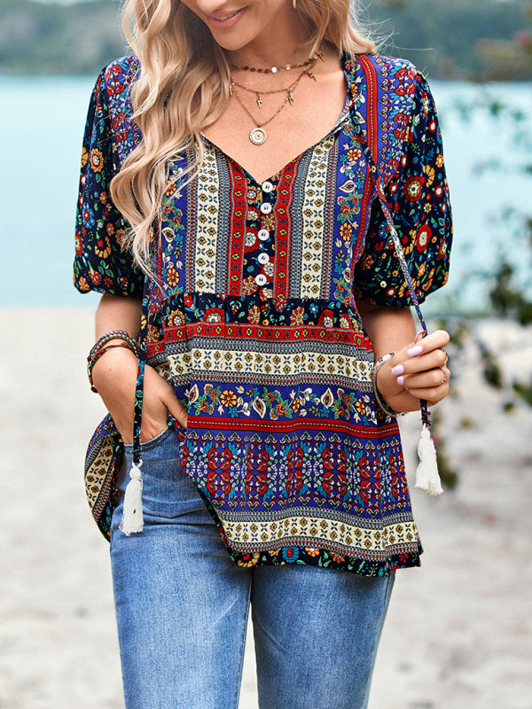 Destinee Delfina Bohemian Print Button Up Women's Blouse