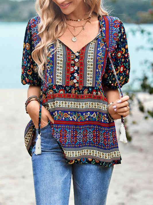 Destinee Delfina Bohemian Print Button Up Women's Blouse