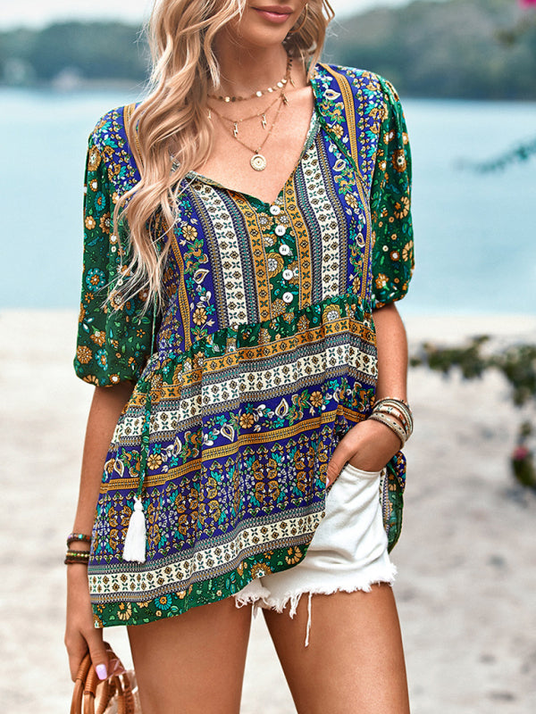 Destinee Delfina Bohemian Print Button Up Women's Blouse