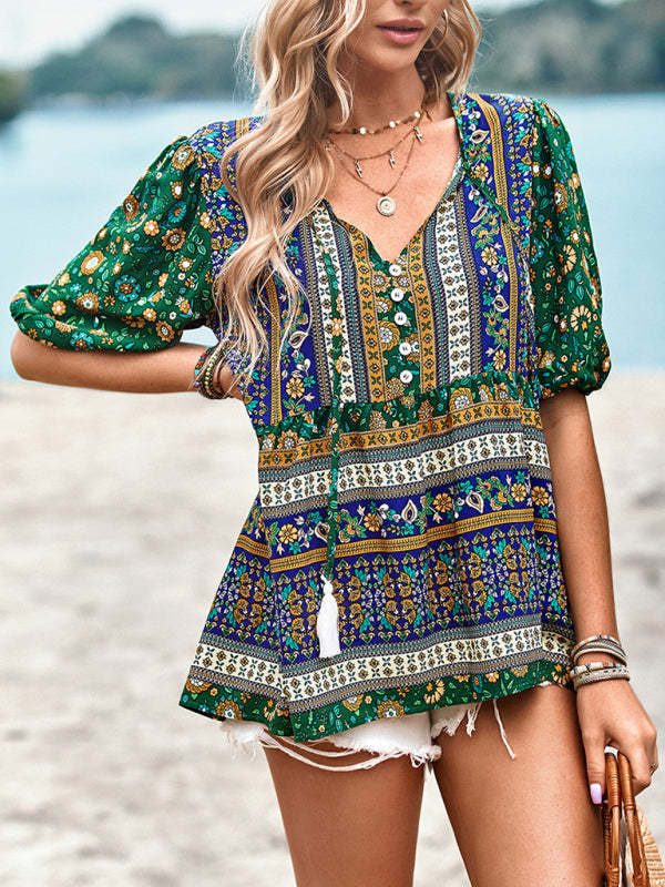 Destinee Delfina Bohemian Print Button Up Women's Blouse