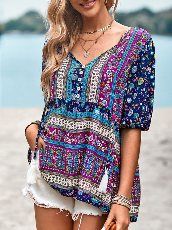 Destinee Delfina Bohemian Print Button Up Women's Blouse