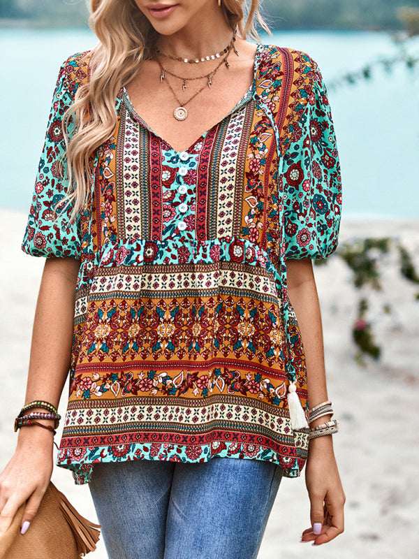 Destinee Delfina Bohemian Print Button Up Women's Blouse
