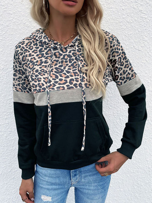 Kalani Women's Hooded Pocket Drawstring Paneled Leopard Sweatshirt