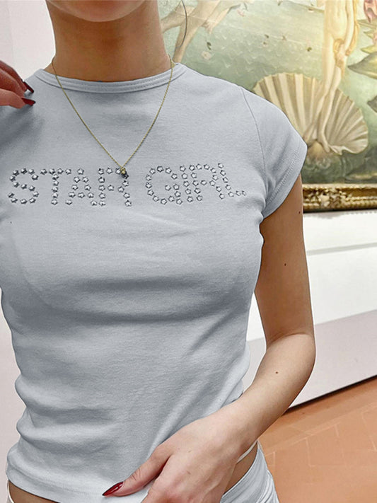 Isabel Short-Sleeved T-Shirt Letter Ironing Rhinestone Inner Layered Slim Top