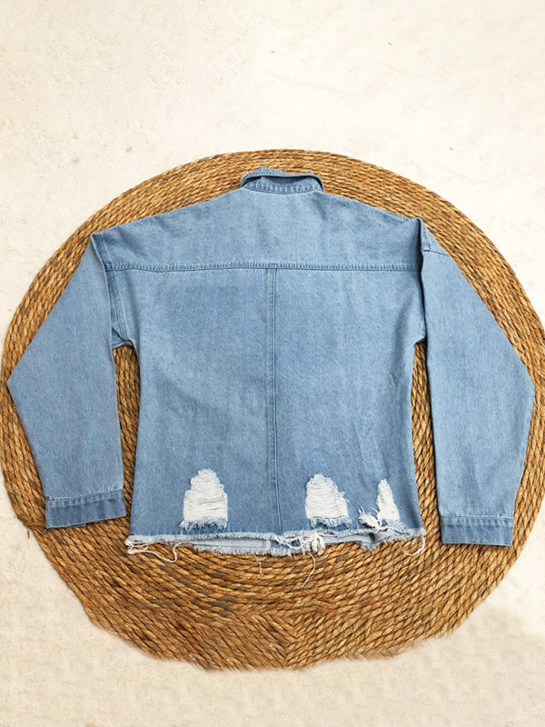 Ripped Mid-length Denim Jacket Washed Retro Jacket Long Sleevesblouse