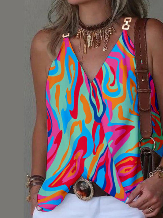 Lyanna Simple V-Neck Metal Buckle Printed Vest Top Women